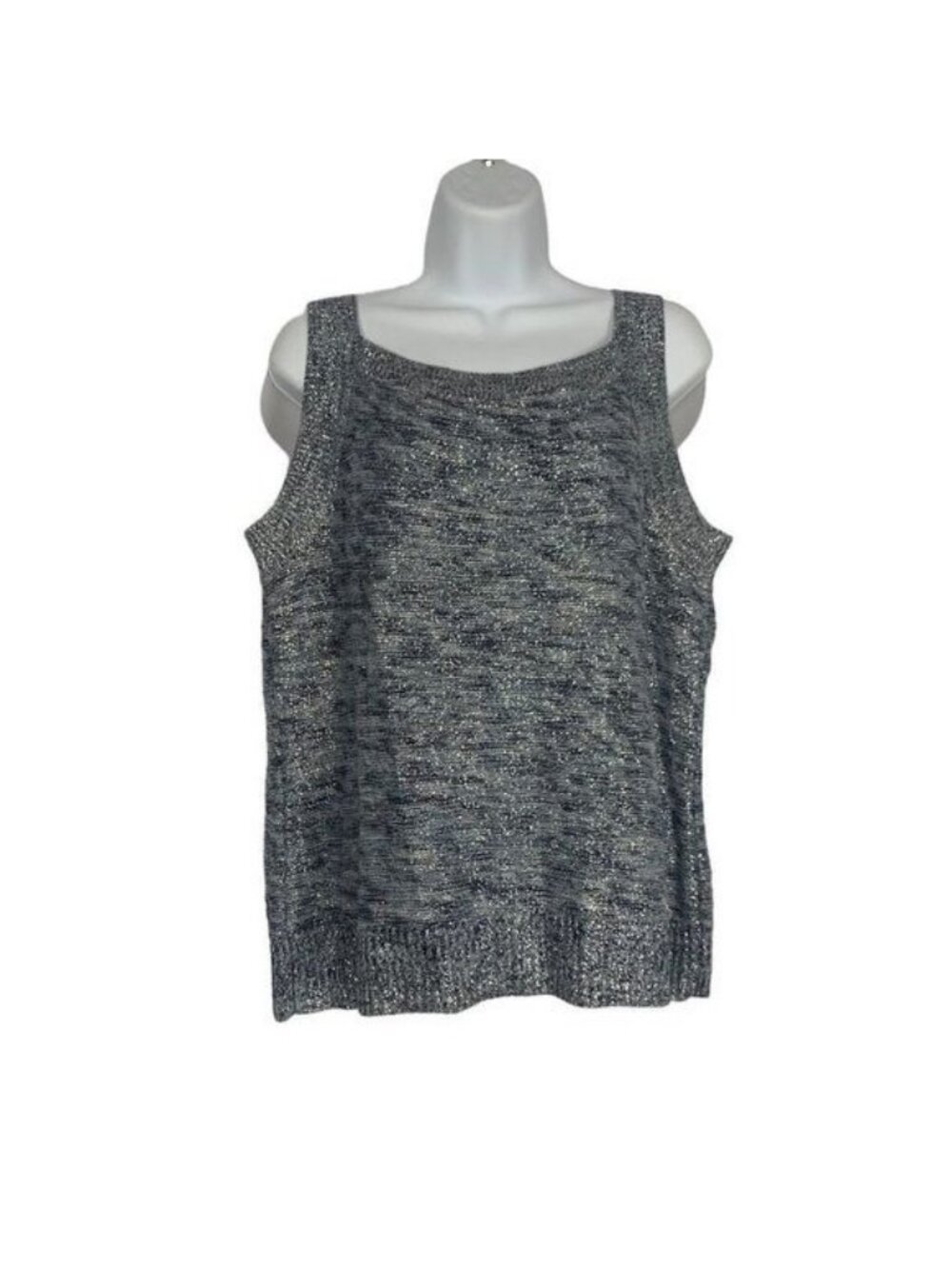 Chicos Shimmer Knit Tank Top Womens Size 2 Blue Metallic Sleeveless Cotton Blend